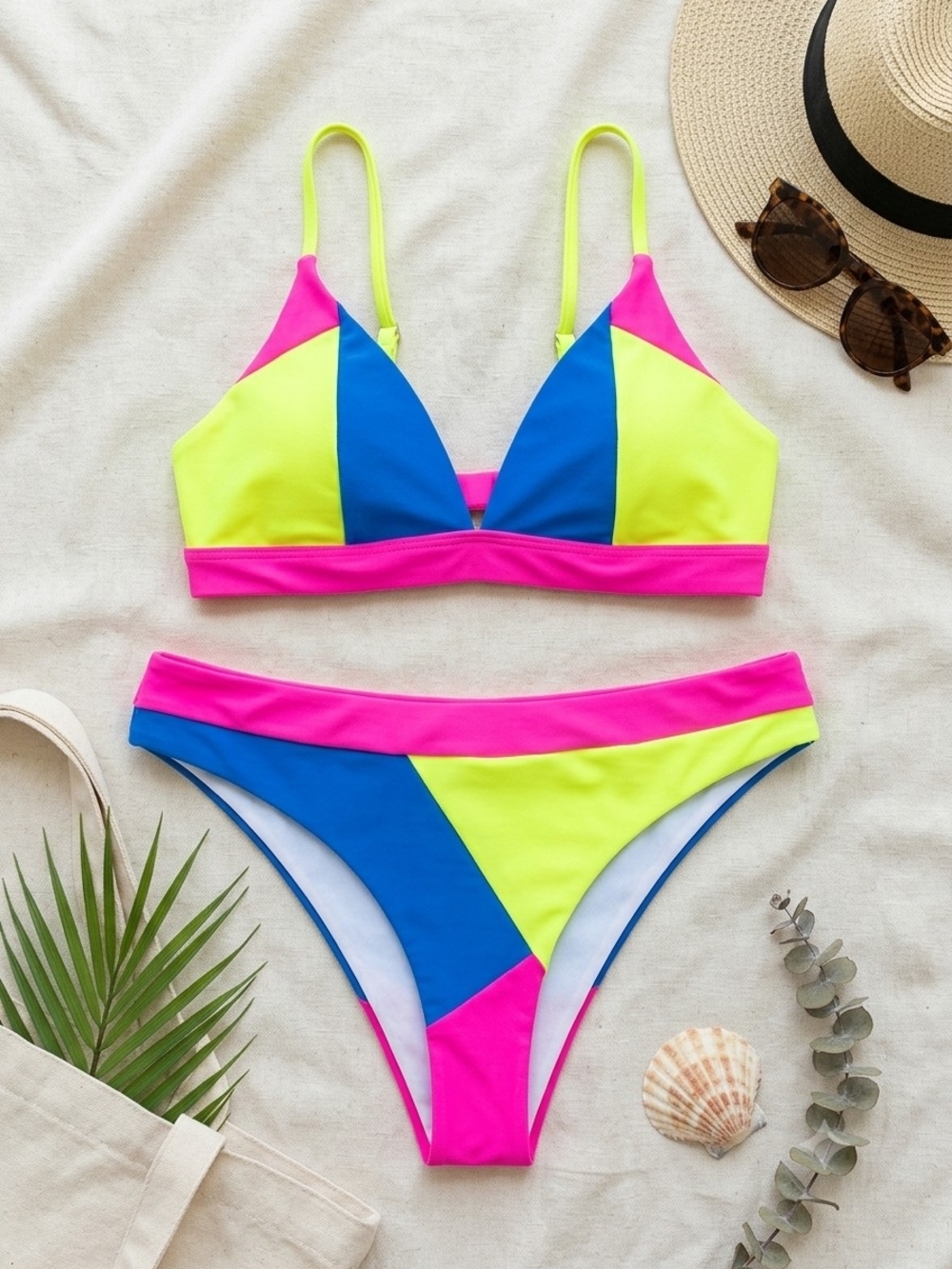 Colorblock Neon Pink, Blue & Yellow Women’s Bikini